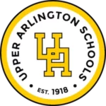 Upper Arlington School District logo with interlocked 'UA' letters in yellow and black within a circular design, established 1918
