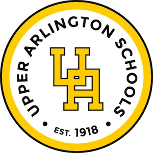 Upper Arlington School District logo with interlocked 'UA' letters in yellow and black within a circular design, established 1918